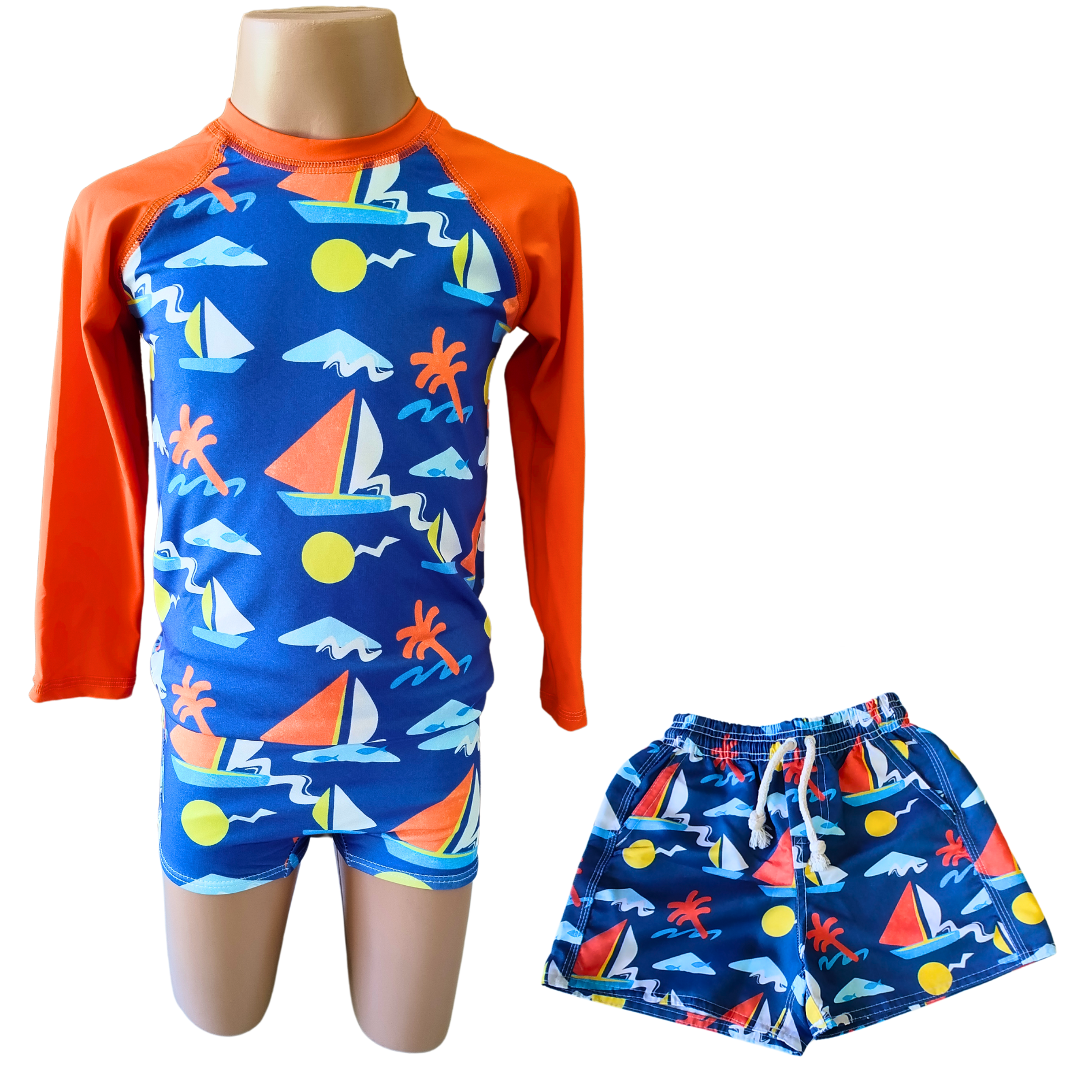 Trio com Proteção UV - Sunga + Camisa Manga Longa +  Bermuda Tactel com Estampa Praia